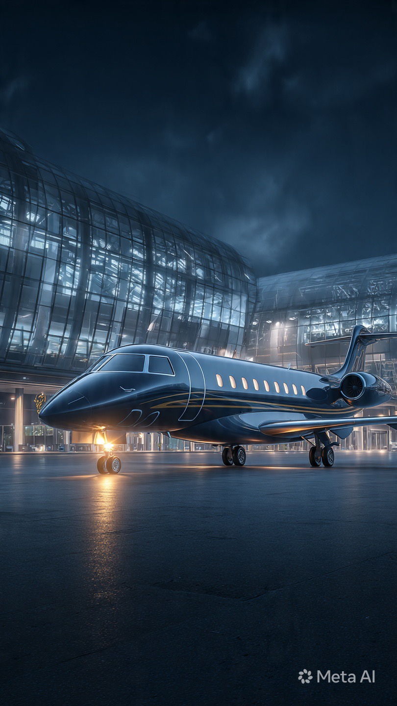 Private jet at Helsinki terminal at night
