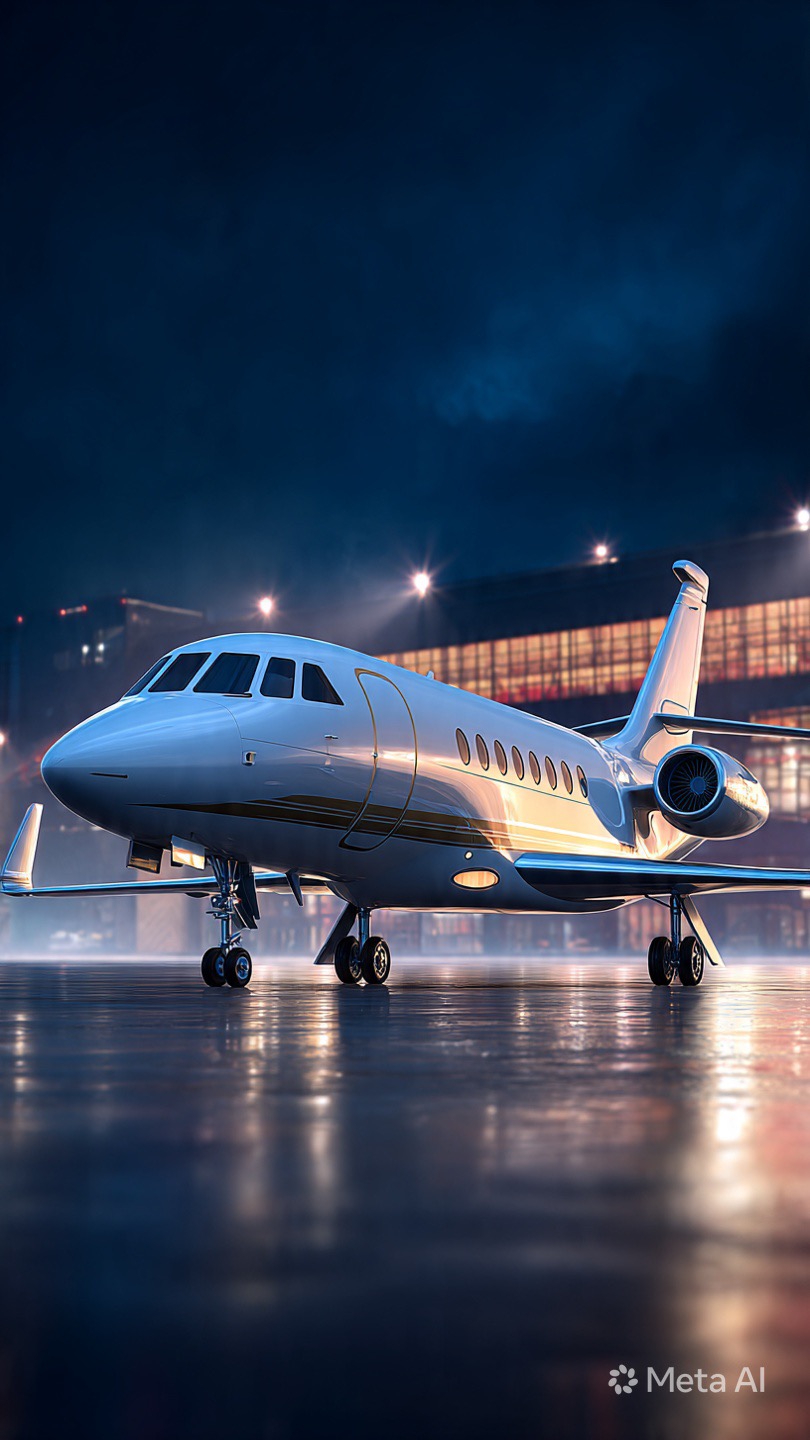 Private jet on reflective tarmac at night