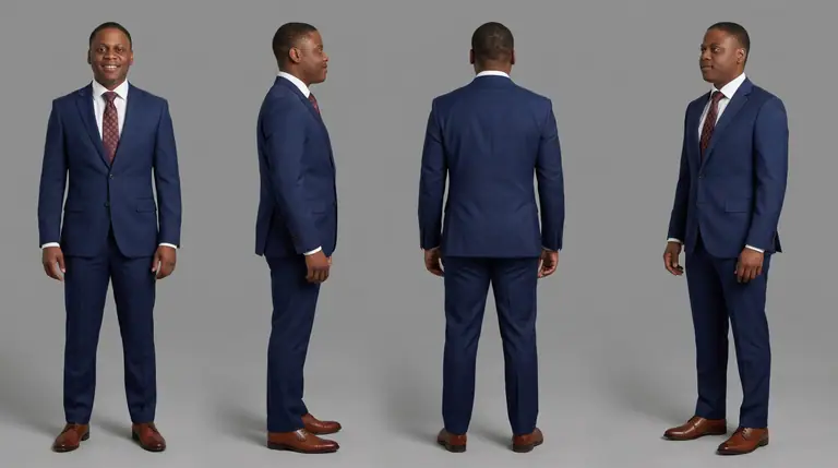 Classic navy three piece suit, front, side, back, and three quarter views
