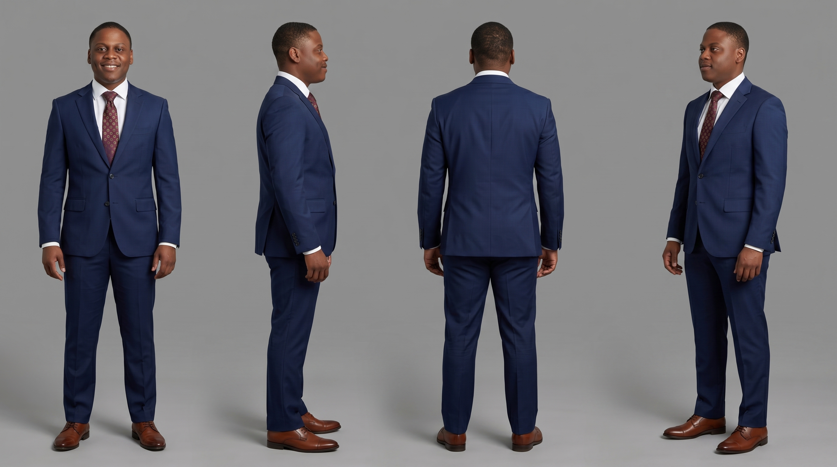 Classic navy three-piece suit — front, side, back, and three-quarter views