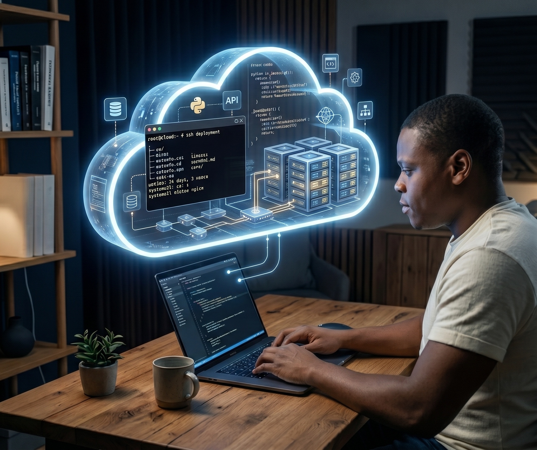 Cloud engineer configuring an Ubuntu virtual machine workflow from a laptop